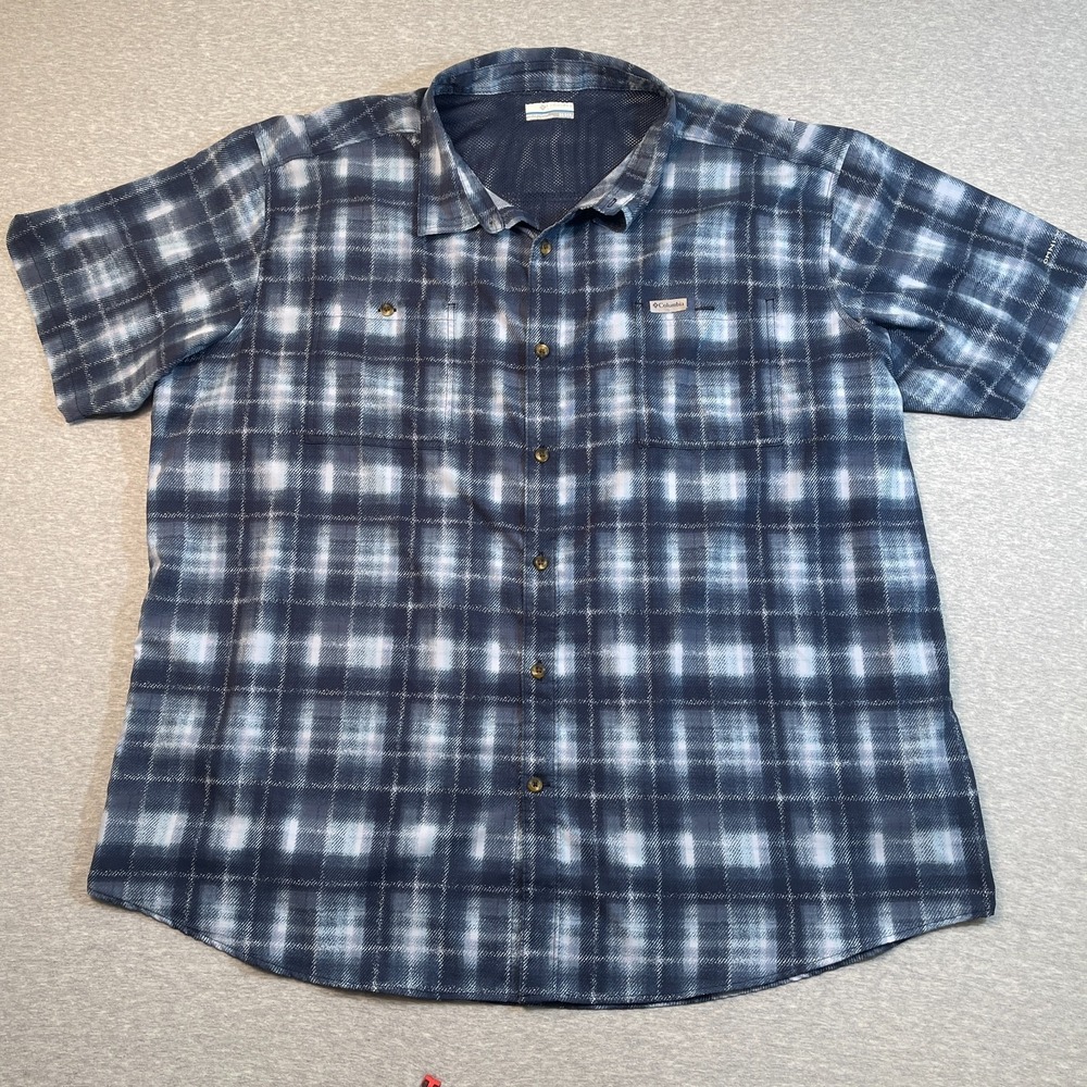 Columbia Shirt Mens 3X Tall 3XT Blue Plaid Vented PFG Hiking Fishing Button Up